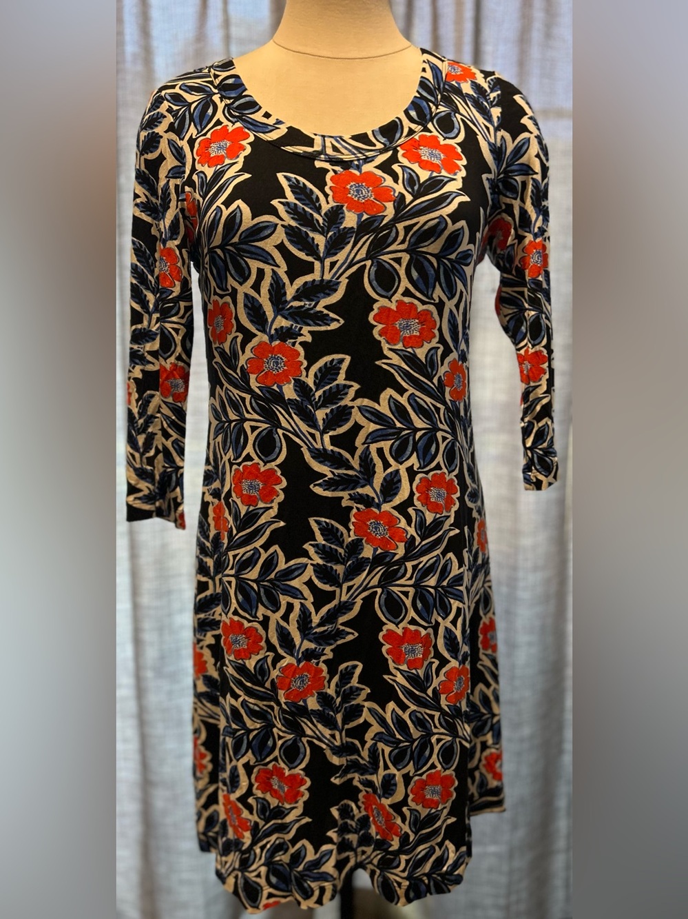 Karen Kane Black Dress with Red Floral and Navy Leaves